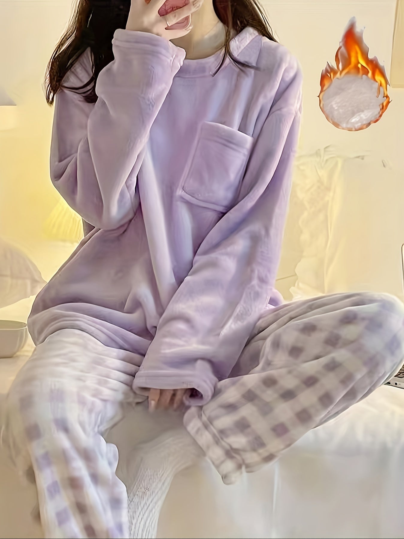 Winter Warm Velvet Pajama Set, Plaid Pattern Pajama, Solid Color Casual Home Wear Set