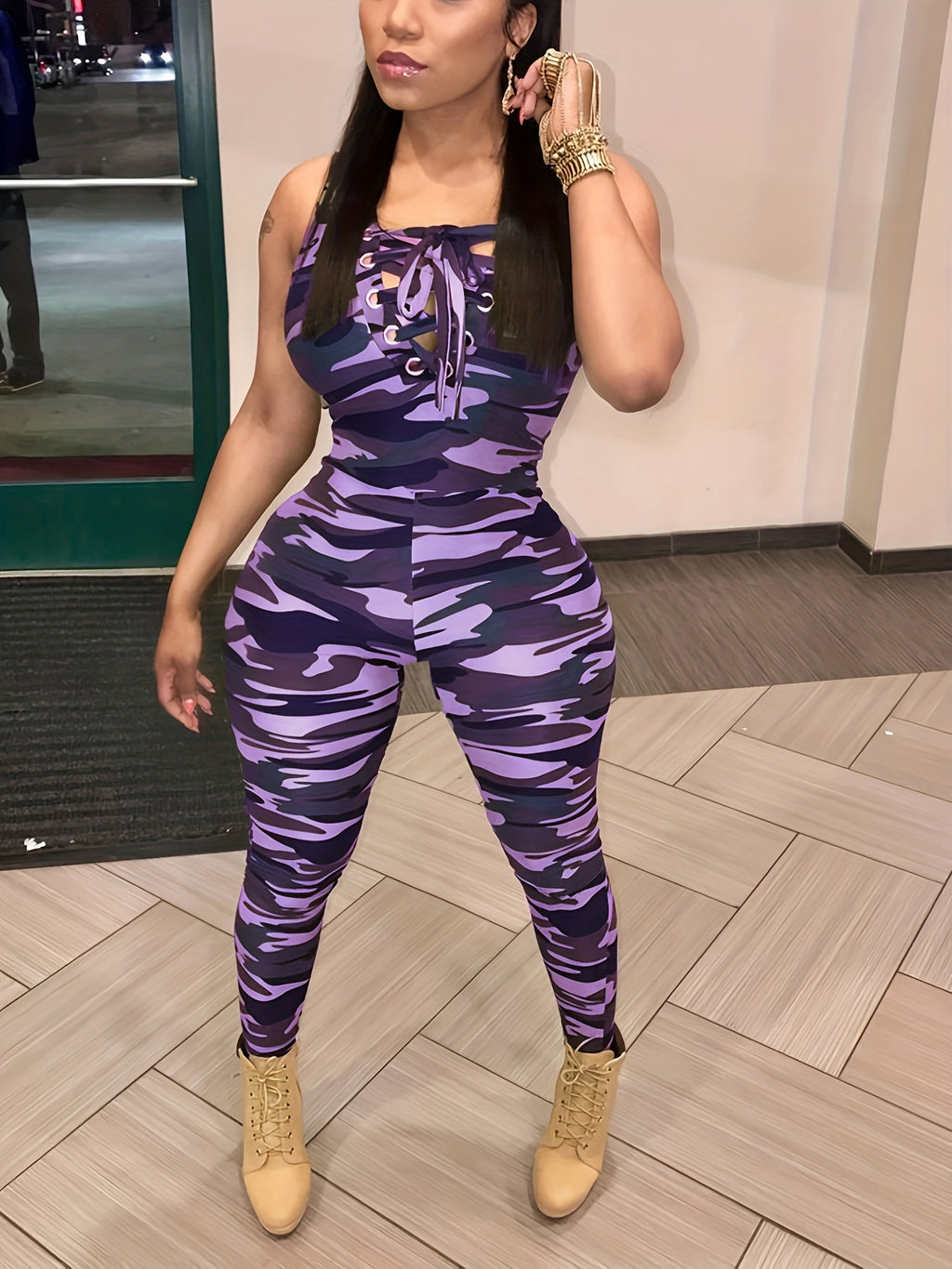 Sleeveless Leopard Print Sexy Jumpsuit, Skinny Camouflage Knitted Jumpsuit, Women's Clothing