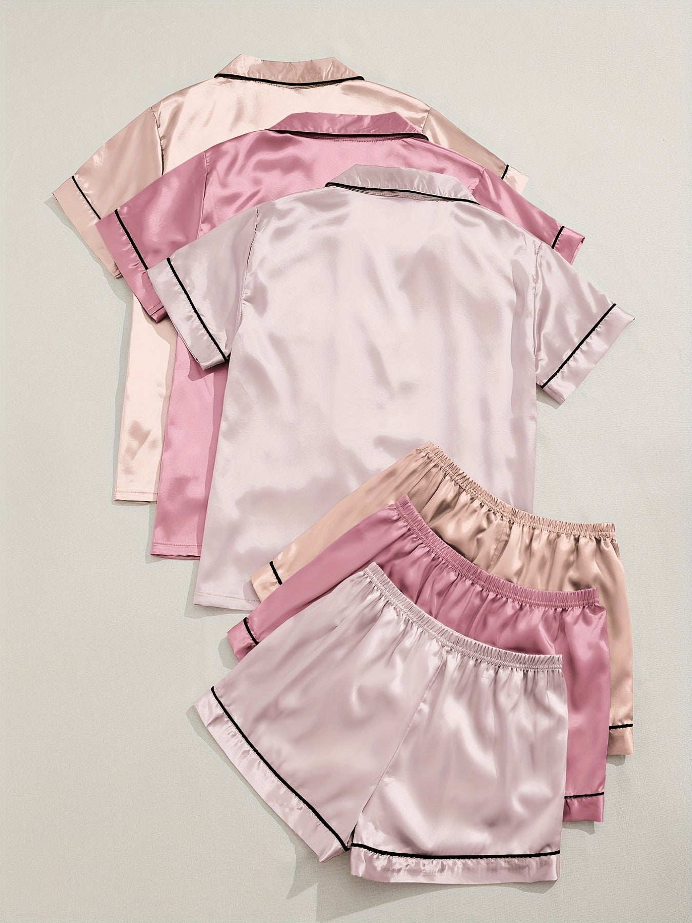 [Three Suits] Multicolor Variety of Short-sleeved Shorts Solid Color Imitation Y Satin PJ Set Women's Two-piece Suit