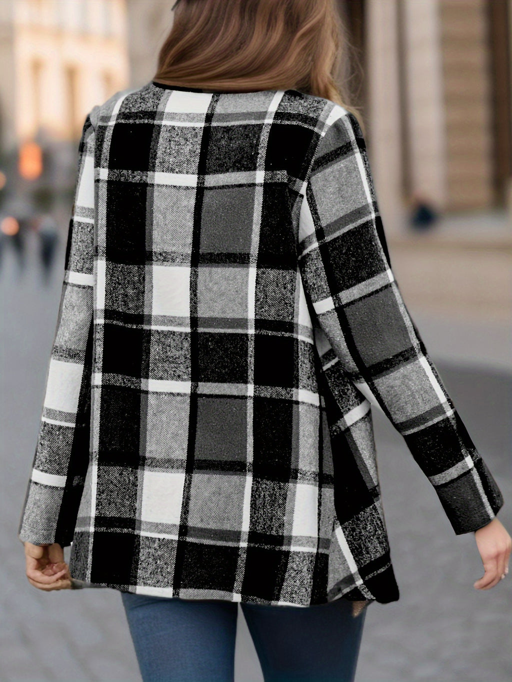 Women'S Cozy Khaki Plaid Trench Coat - Long Sleeve, Button-Up, Loose Fit, Warm Fall & Winter Outerwear with Black & White Checkered Pattern, Perfect for Casual or Stylish Outfits, Casual Winter Wear | Checkered Pattern Coat |
