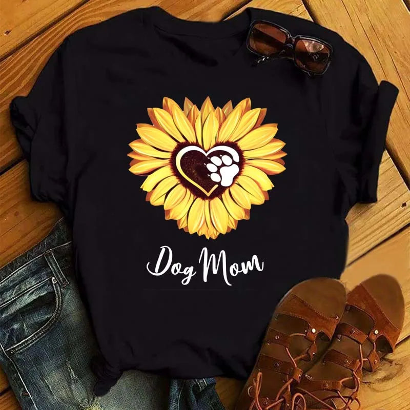 Sunflower Butterfly Print T Shirt Women Short Sleeve O Neck Loose Tshirt Fashion Women Tee Shirt Black Tops Camisetas Mujer