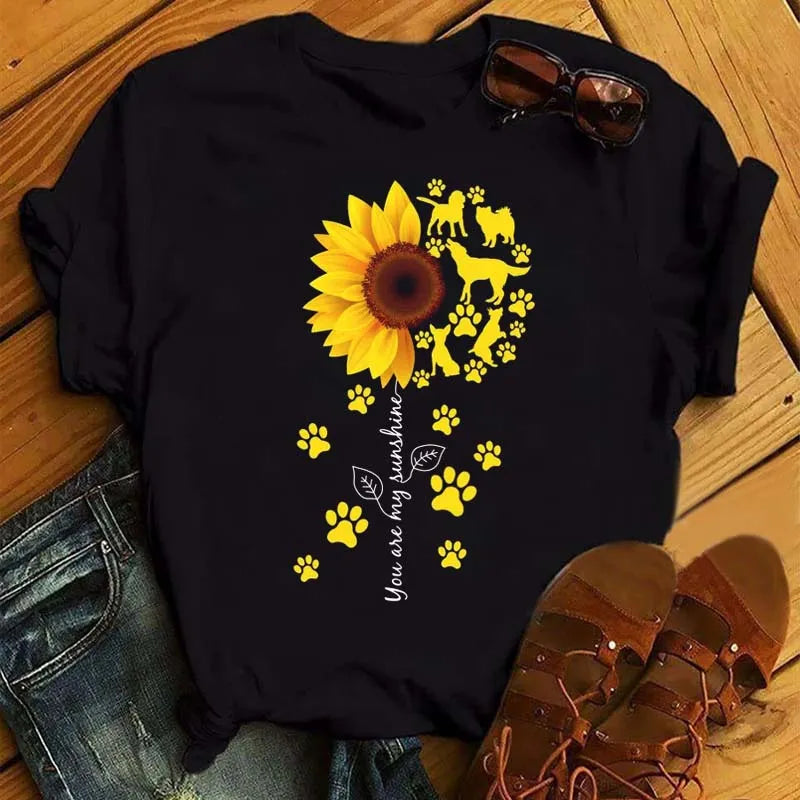 Sunflower Butterfly Print T Shirt Women Short Sleeve O Neck Loose Tshirt Fashion Women Tee Shirt Black Tops Camisetas Mujer