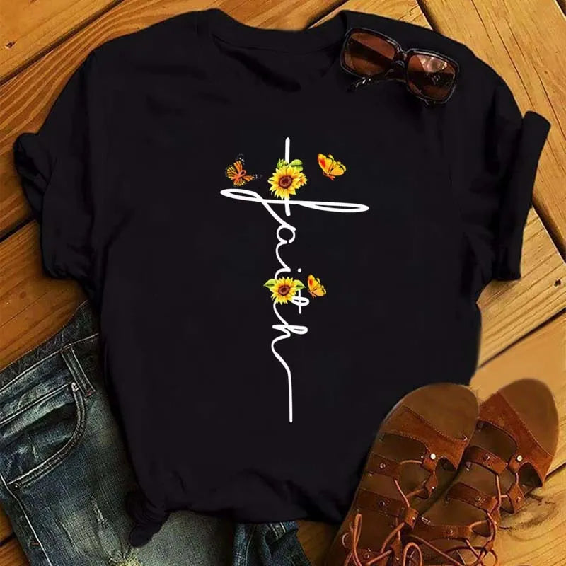 Sunflower Butterfly Print T Shirt Women Short Sleeve O Neck Loose Tshirt Fashion Women Tee Shirt Black Tops Camisetas Mujer