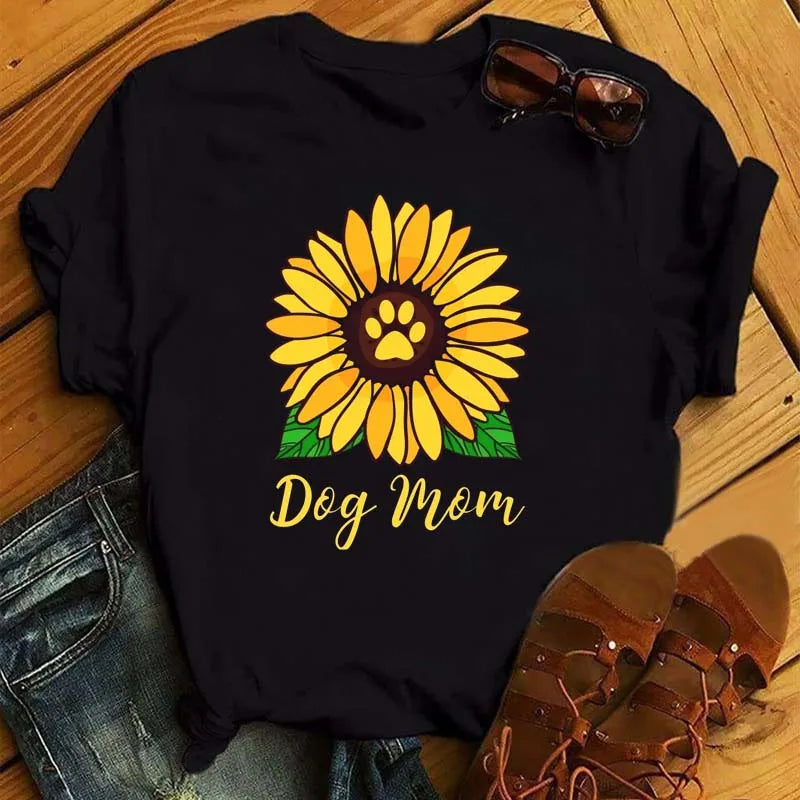 Sunflower Butterfly Print T Shirt Women Short Sleeve O Neck Loose Tshirt Fashion Women Tee Shirt Black Tops Camisetas Mujer