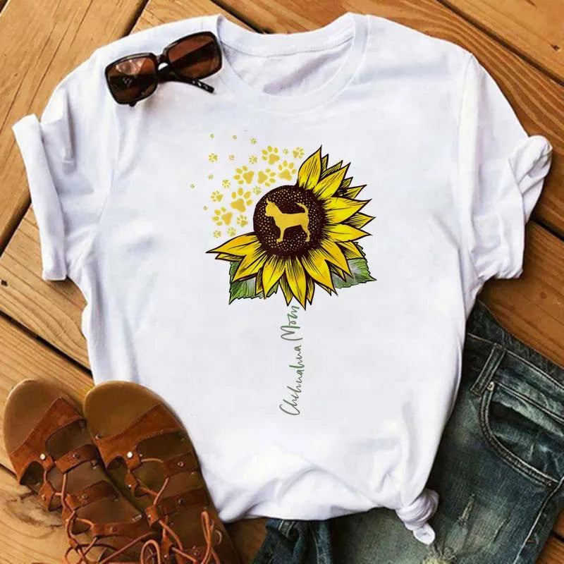 Sunflower Butterfly Print T Shirt Women Short Sleeve O Neck Loose Tshirt Fashion Women Tee Shirt Black Tops Camisetas Mujer