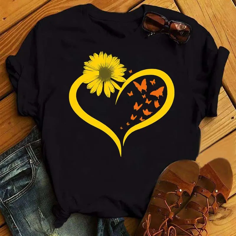 Sunflower Butterfly Print T Shirt Women Short Sleeve O Neck Loose Tshirt Fashion Women Tee Shirt Black Tops Camisetas Mujer