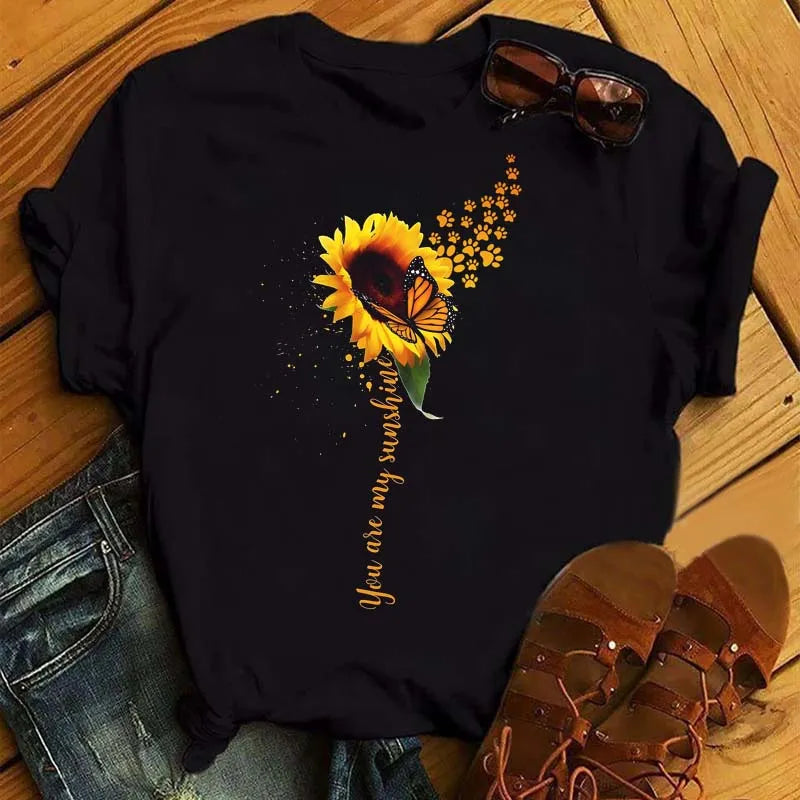 Sunflower Butterfly Print T Shirt Women Short Sleeve O Neck Loose Tshirt Fashion Women Tee Shirt Black Tops Camisetas Mujer