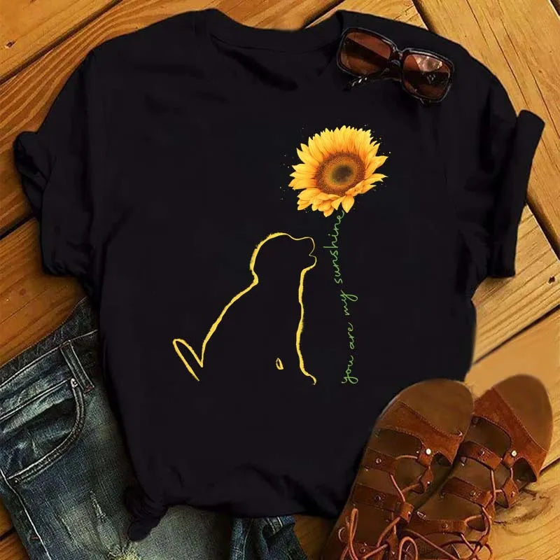 Sunflower Butterfly Print T Shirt Women Short Sleeve O Neck Loose Tshirt Fashion Women Tee Shirt Black Tops Camisetas Mujer