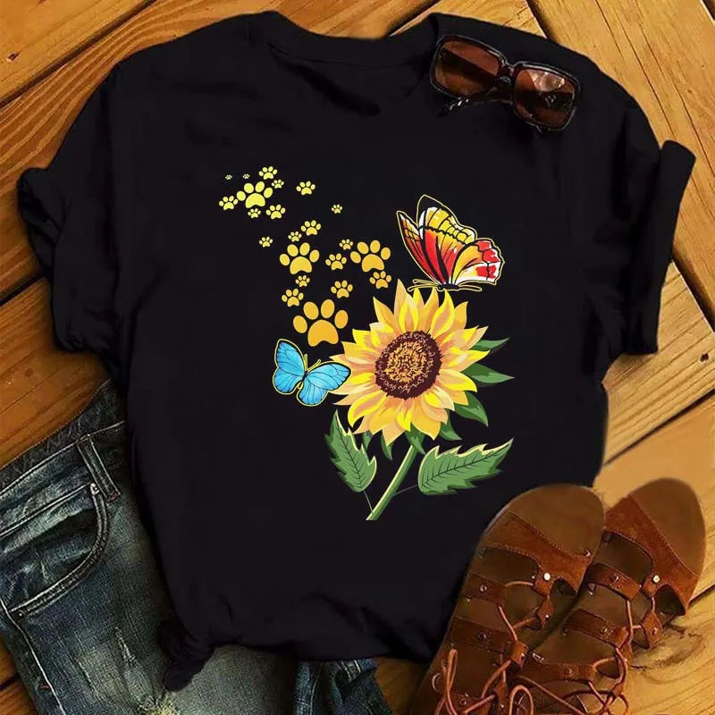 Sunflower Butterfly Print T Shirt Women Short Sleeve O Neck Loose Tshirt Fashion Women Tee Shirt Black Tops Camisetas Mujer