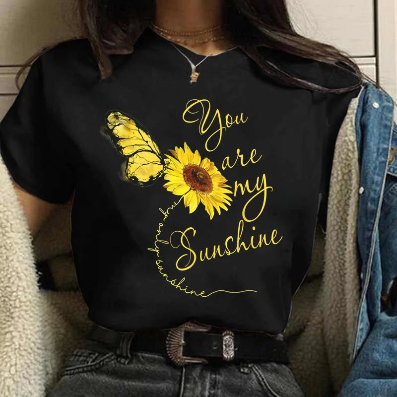 Sunflower Butterfly Print T Shirt Women Short Sleeve O Neck Loose Tshirt Fashion Women Tee Shirt Black Tops Camisetas Mujer