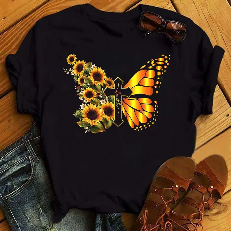 Sunflower Butterfly Print T Shirt Women Short Sleeve O Neck Loose Tshirt Fashion Women Tee Shirt Black Tops Camisetas Mujer
