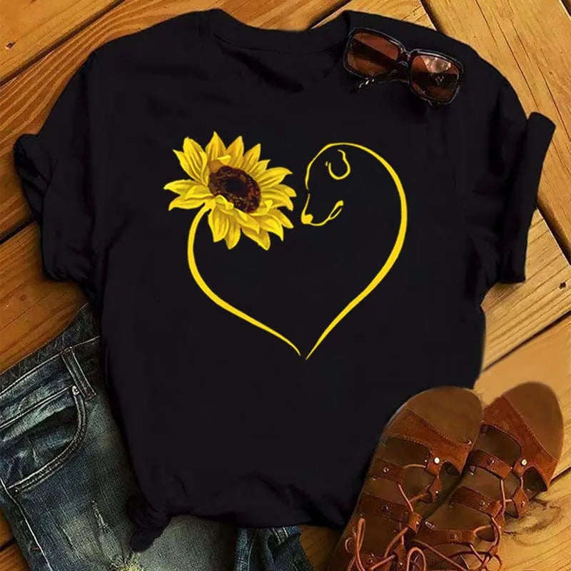 Sunflower Butterfly Print T Shirt Women Short Sleeve O Neck Loose Tshirt Fashion Women Tee Shirt Black Tops Camisetas Mujer