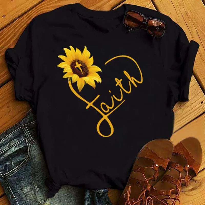 Sunflower Butterfly Print T Shirt Women Short Sleeve O Neck Loose Tshirt Fashion Women Tee Shirt Black Tops Camisetas Mujer