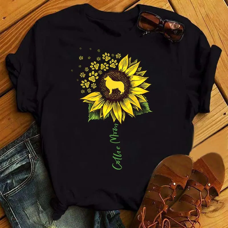 Sunflower Butterfly Print T Shirt Women Short Sleeve O Neck Loose Tshirt Fashion Women Tee Shirt Black Tops Camisetas Mujer