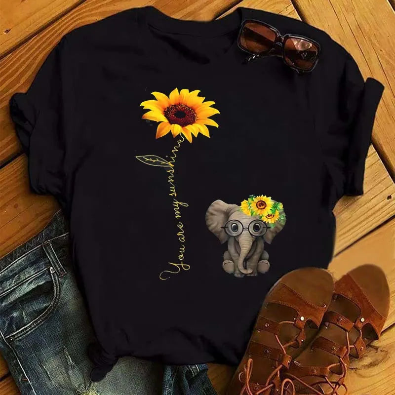 Sunflower Butterfly Print T Shirt Women Short Sleeve O Neck Loose Tshirt Fashion Women Tee Shirt Black Tops Camisetas Mujer