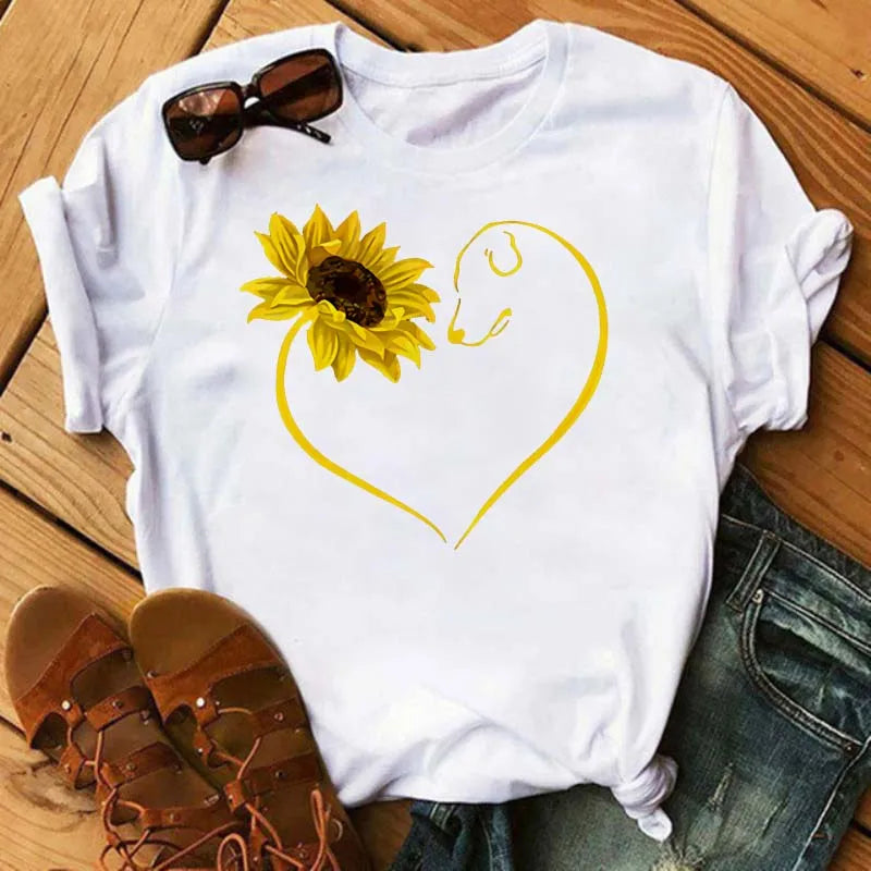 Sunflower Butterfly Print T Shirt Women Short Sleeve O Neck Loose Tshirt Fashion Women Tee Shirt Black Tops Camisetas Mujer