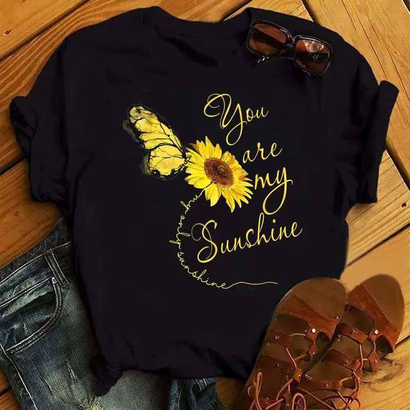 Sunflower Butterfly Print T Shirt Women Short Sleeve O Neck Loose Tshirt Fashion Women Tee Shirt Black Tops Camisetas Mujer