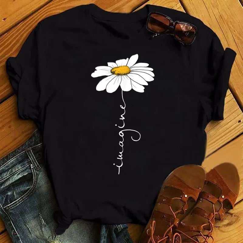 Sunflower Butterfly Print T Shirt Women Short Sleeve O Neck Loose Tshirt Fashion Women Tee Shirt Black Tops Camisetas Mujer