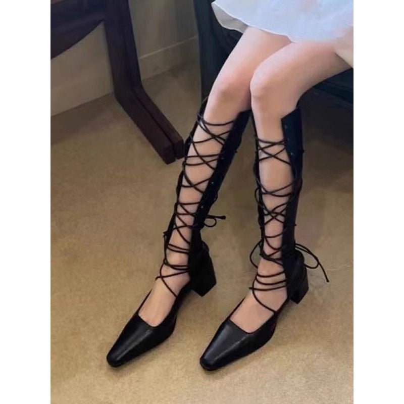 Niche Retro High-Top Sandals for Women, 2026 Summer New Style, Hollow-Out Cross-Tie Sexy Versatile Shallow-Cut Riding Boots