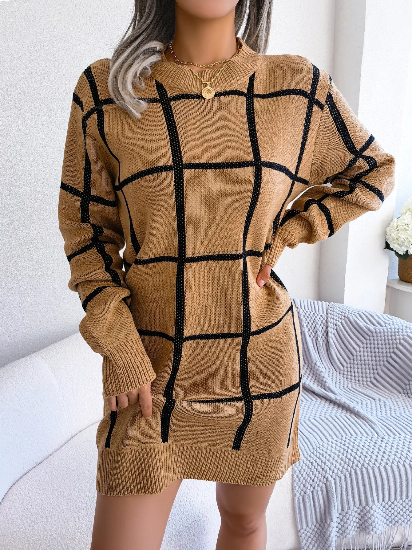 Women Casual Plaid Long Sleeve Knitted Sweater Dress 2026 Autumn Winter Elegant Dress Without The Belt Fashion Woman Clothing