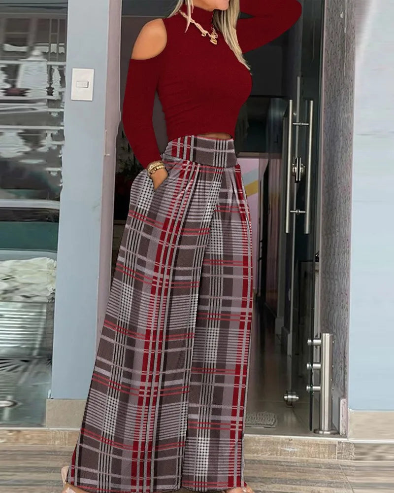 Casual Holiday Outfits For Women Cold Shoulder Top & Plaid Print Wide Leg Pants Set 2025 New High Waist Suits Woman Clothing