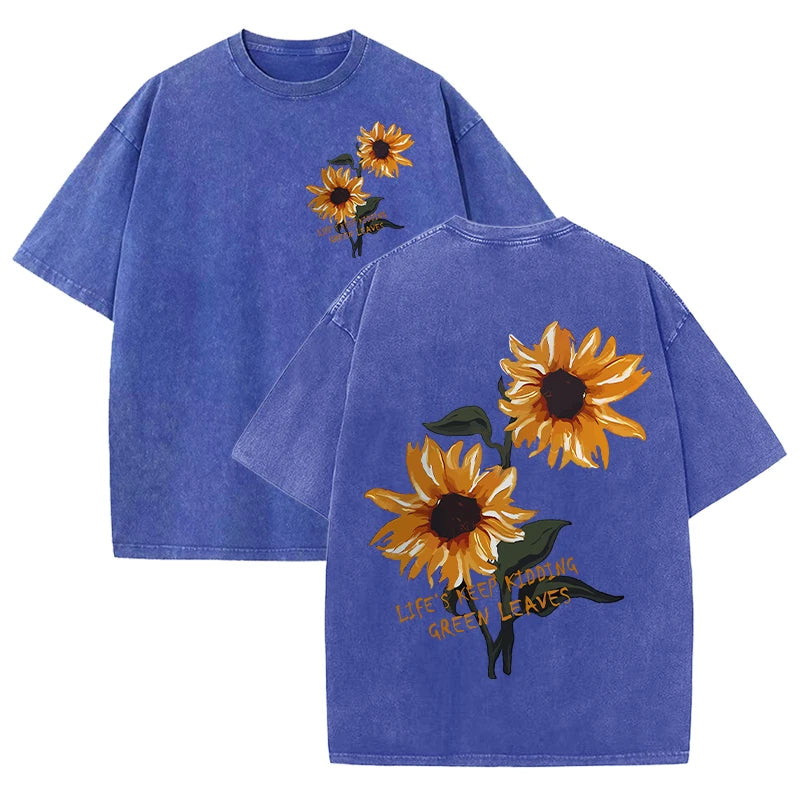 Life Good Beautiful Sunflower Print Washed Plus Size T Shirts Women Soft Cotton T-Shirt Street Short Sleeve Summer Casual Tops