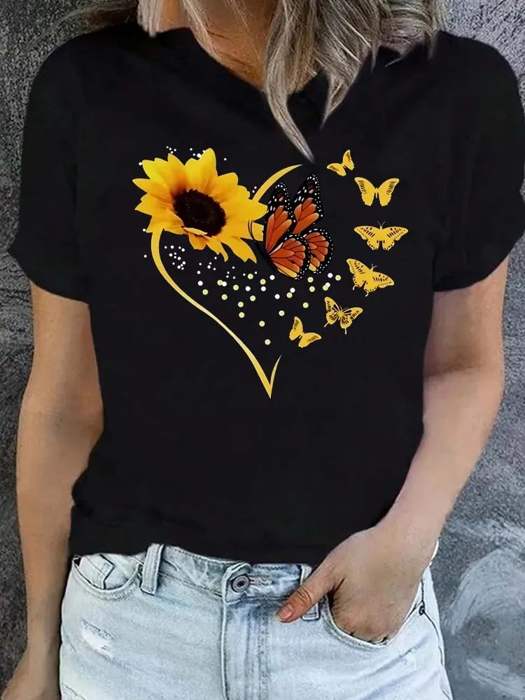 Women's Sunflower Butterfly Print T-Shirt Summer Casual Crew Neck Short Sleeve Female Tops Tees Fashion Women T-shirt