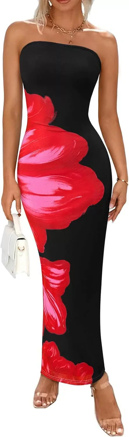 Elegant Fashionable Printed Long Dress New Summer Women's Sexy Slim Fit Chest Wrapped Off Shoulder Casual Dress