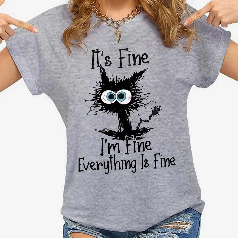 Women Clothes Cat It's Fine I'm Fine Everything Is Fine Print T-shirts Summer Casual  Fashion Personalized Woman Clothing