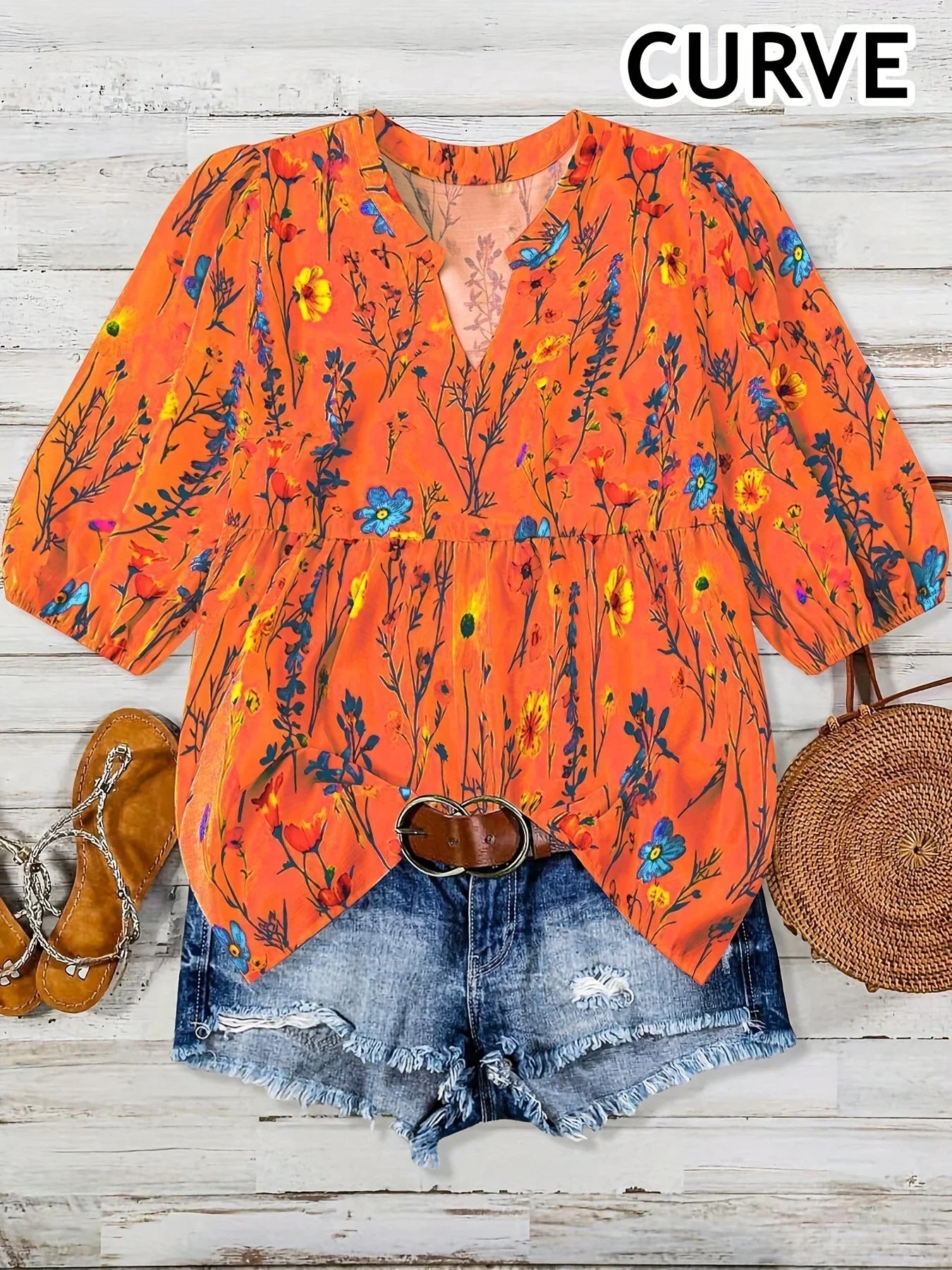 Plus Size 1XL-5XLAutumn Women's Fashion Floral V-Neck Bishop Sleeve Blouse Women Flower Print Elegant Casual Shirt