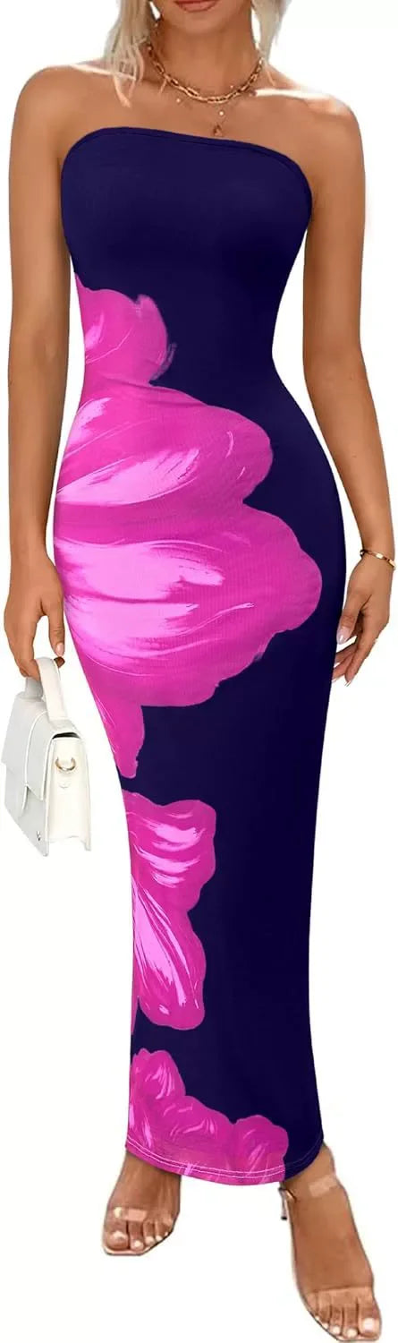 Elegant Fashionable Printed Long Dress New Summer Women's Sexy Slim Fit Chest Wrapped Off Shoulder Casual Dress