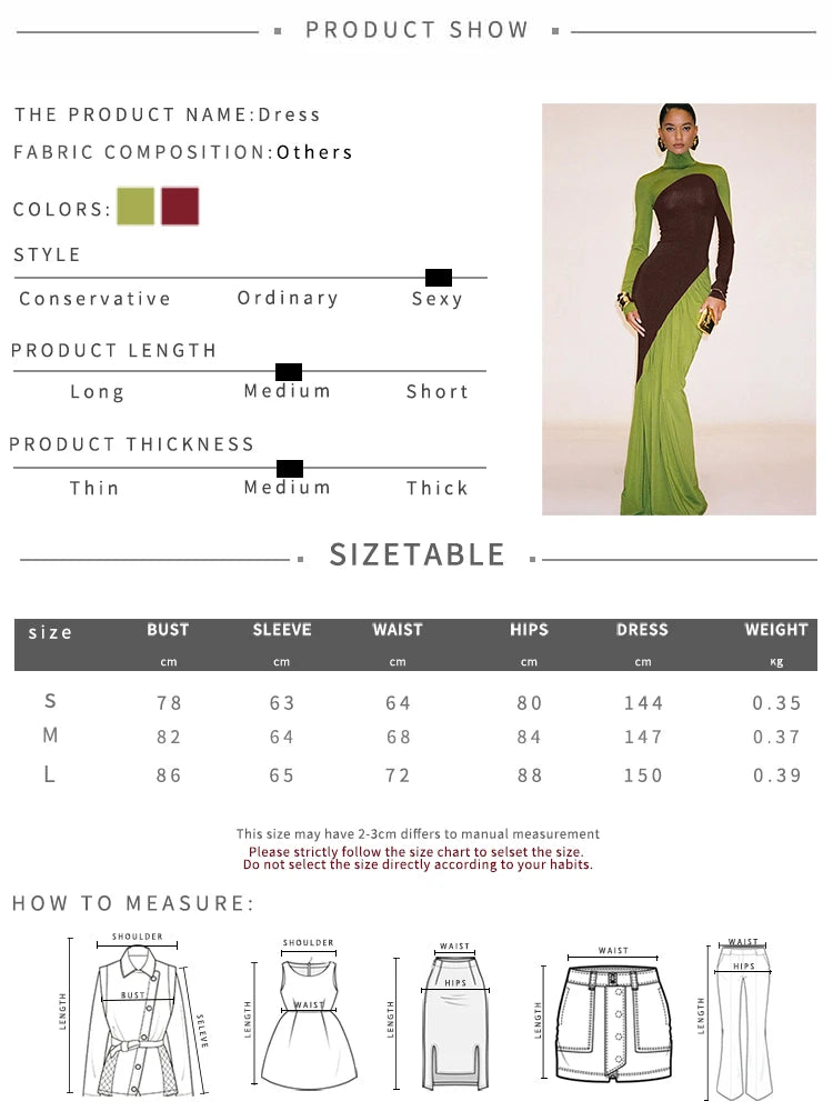 Whatiwear Autumn New Style Dress Woman Contrast Design Turtleneck Full Sleeve Skinny Stretch Street Fashion Elegant Long Bodycon