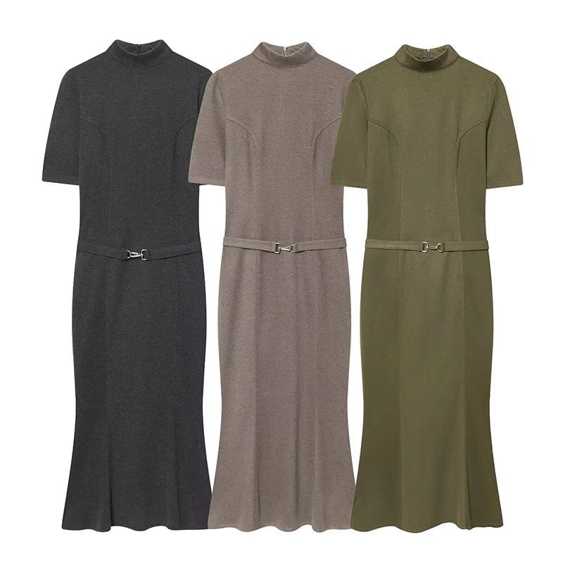 Woman Elegant Dress 2025 New Fashion With Belt Soft Women's Dresses Autumn Winter Dress Short Sleeve Stand Collar Casual Dress ﻿