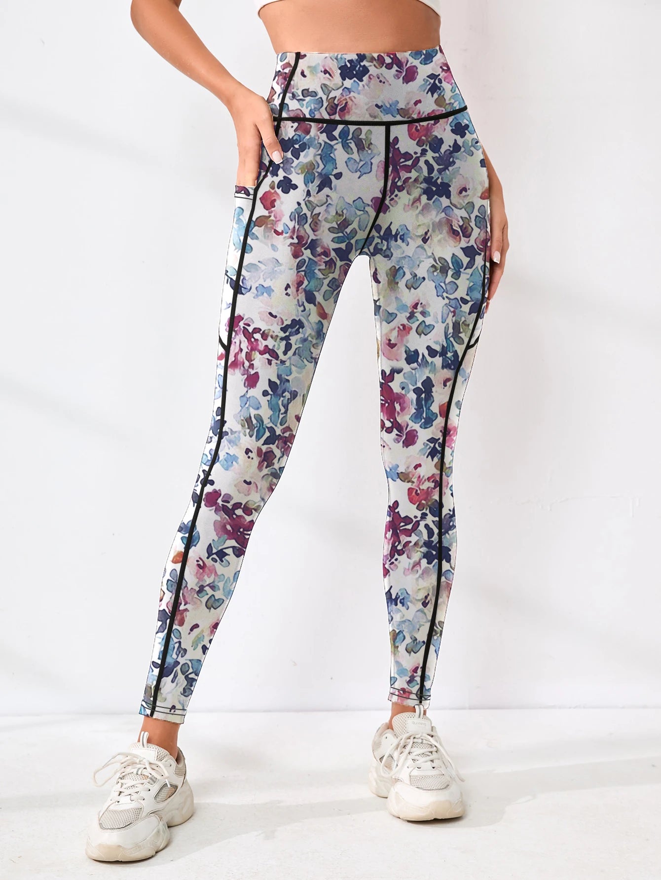 Printed women's high waistband pocket fitness pants paired with tight abdominal yoga pants, suitable for running, hiking, and sp