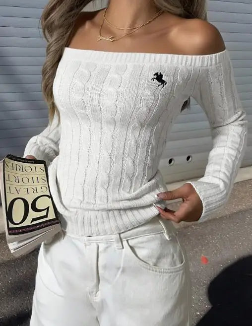 Women's Clothing 2025 Autumn and Winter Fashion Simple Off Shoulder Long Sleeved Sweater Woven with Sexy Tight and Elegant Top