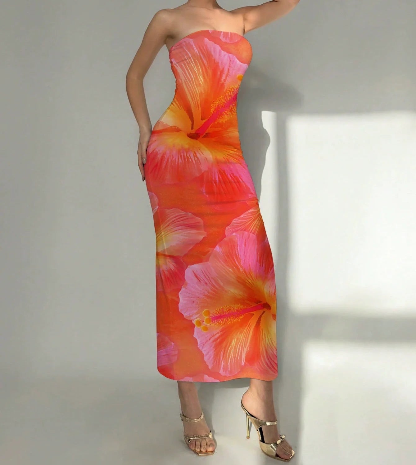 Elegant Fashionable Printed Long Dress New Summer Women's Sexy Slim Fit Chest Wrapped Off Shoulder Casual Dress