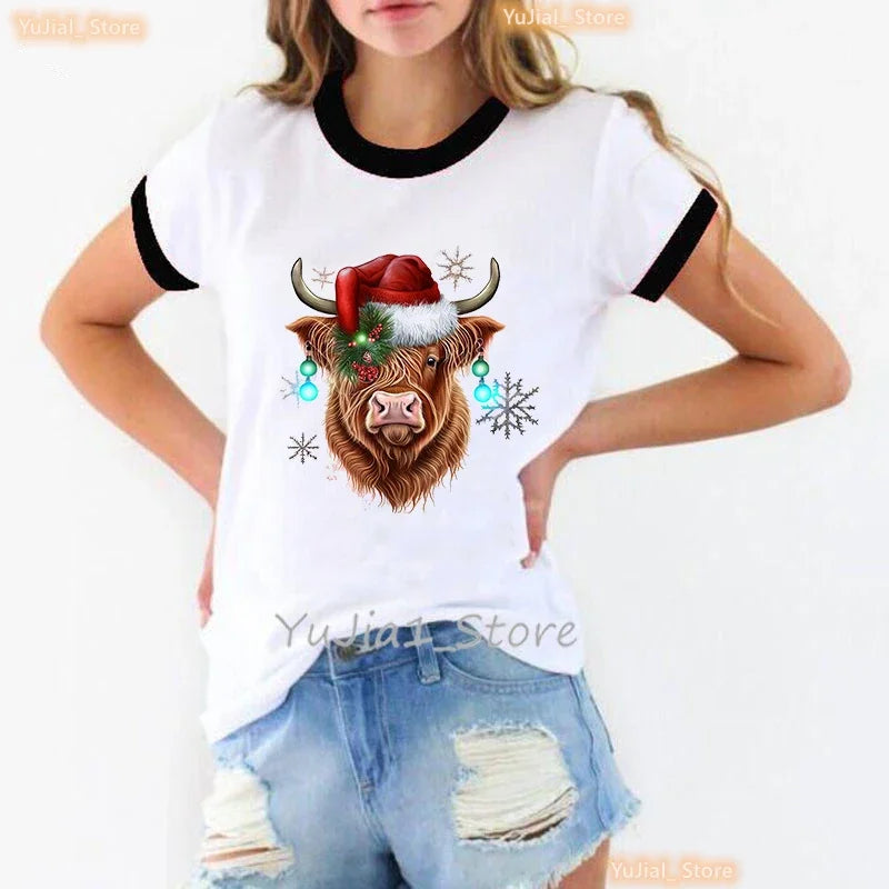 Sunflower Highland Cow Animal Printed T Shirt Women Harajuku Kawaii Clothes Funny Casual Tshirt Femme Short Sleeve T-Shirt