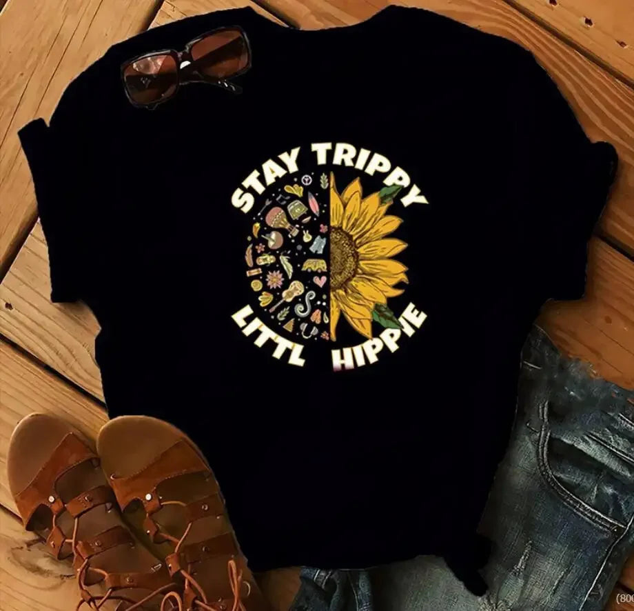 Sunflower Love Printed Summer T-Shirt Loose Fit Oversized Top for Men And Women Kawaii Polyester Fiber Short Sleeve Casual Wear