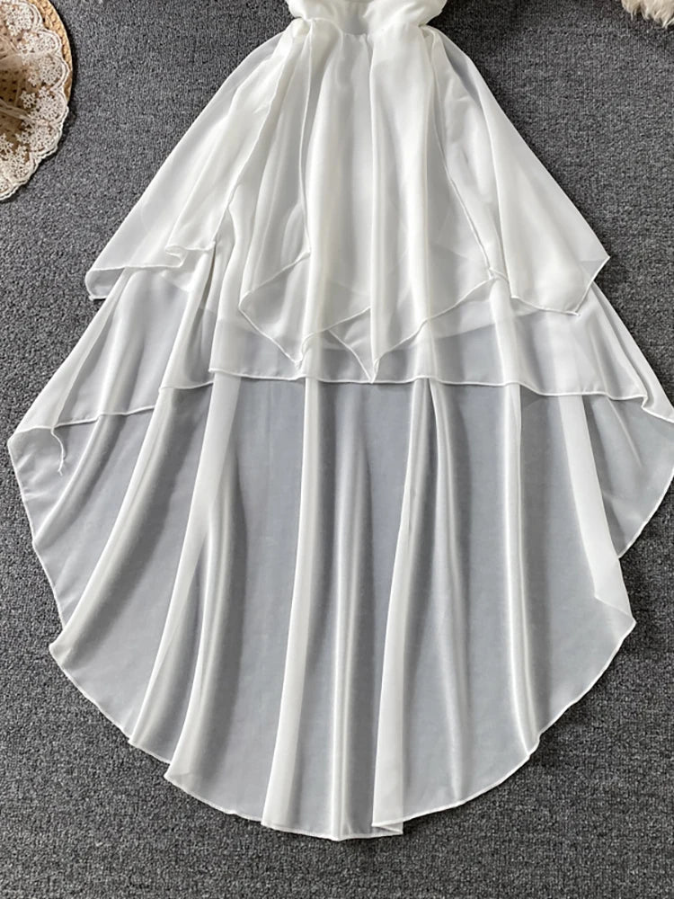 Summer Black/White Irregular Spaghetti Strap Long Dress Women Sexy Strapless High Waist Ruffle Open Back Vestidos 2021 New Robe