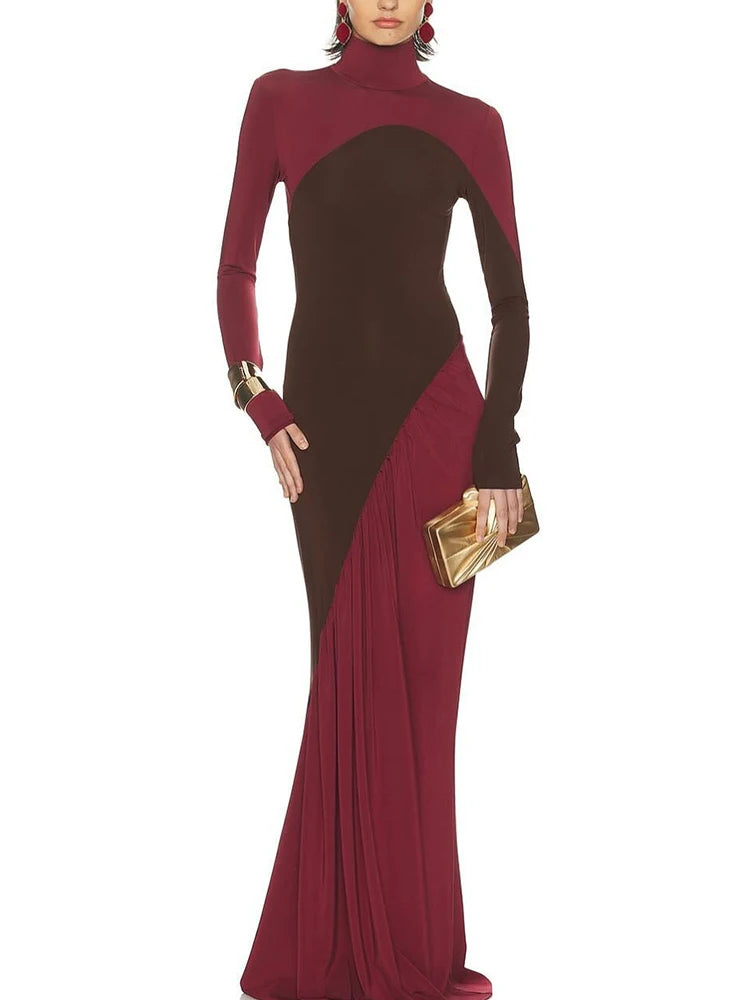 Whatiwear Autumn New Style Dress Woman Contrast Design Turtleneck Full Sleeve Skinny Stretch Street Fashion Elegant Long Bodycon