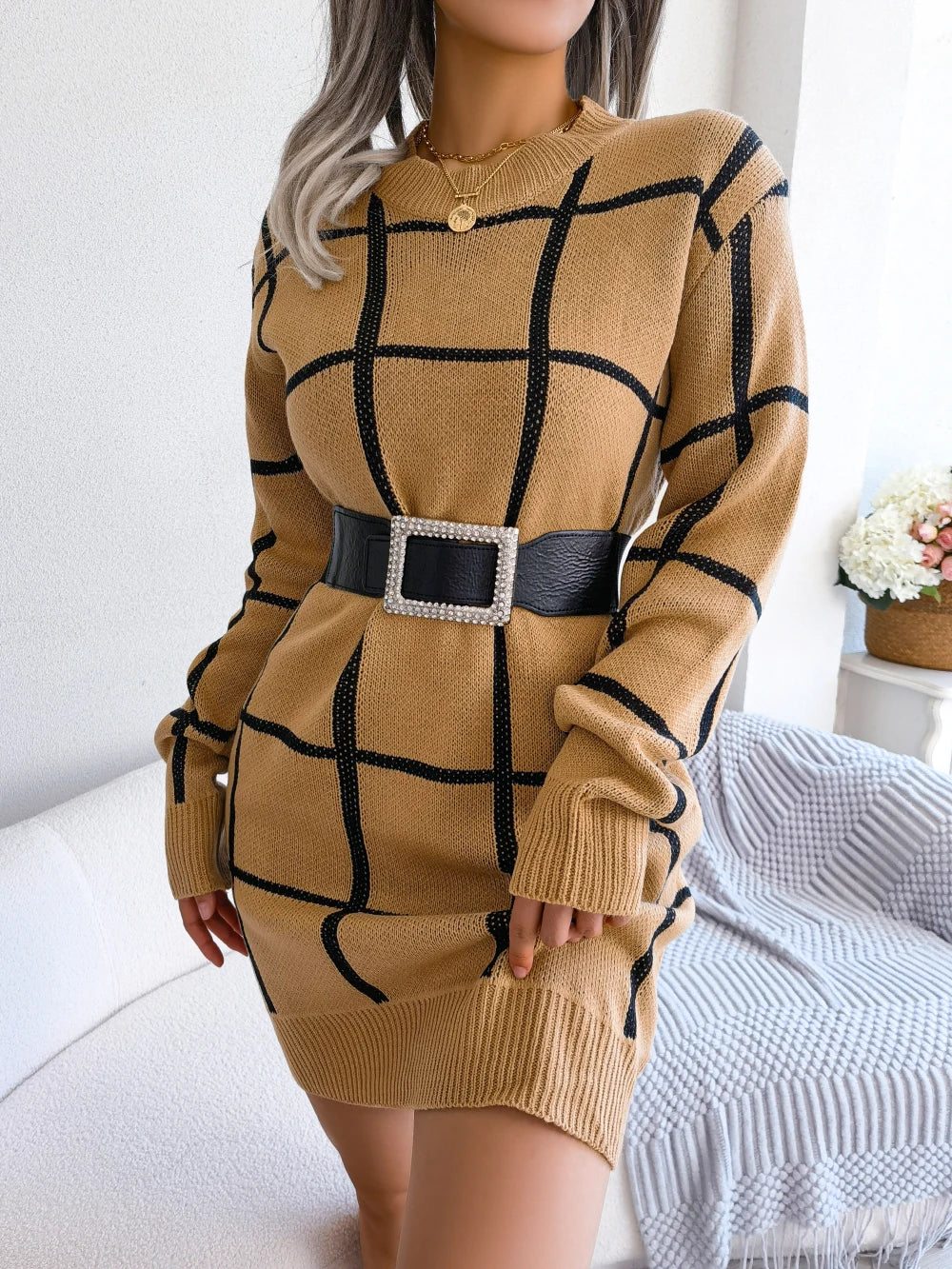Women Casual Plaid Long Sleeve Knitted Sweater Dress 2026 Autumn Winter Elegant Dress Without The Belt Fashion Woman Clothing