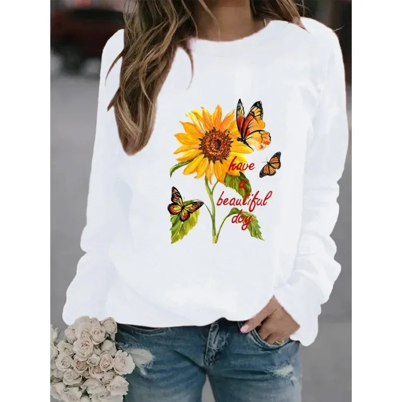 New  Long-sleeved Sunflower Butterfly Print Casual Round Neck Head Round Neck European Hoodie Woman Sweatshirt  Clothes