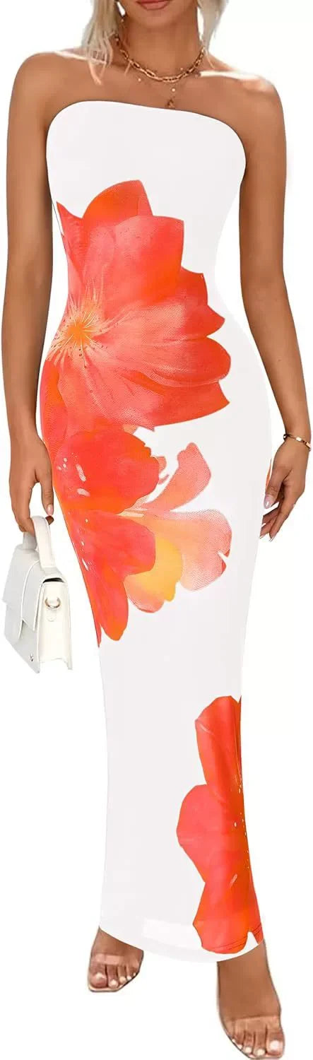 Elegant Fashionable Printed Long Dress New Summer Women's Sexy Slim Fit Chest Wrapped Off Shoulder Casual Dress
