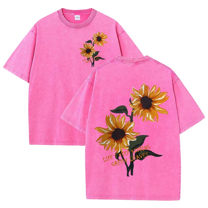 Life Good Beautiful Sunflower Print Washed Plus Size T Shirts Women Soft Cotton T-Shirt Street Short Sleeve Summer Casual Tops