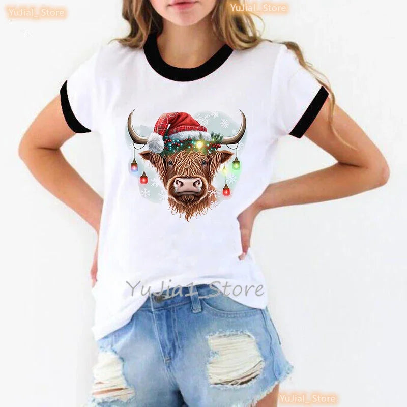 Sunflower Highland Cow Animal Printed T Shirt Women Harajuku Kawaii Clothes Funny Casual Tshirt Femme Short Sleeve T-Shirt