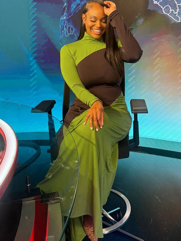 Whatiwear Autumn New Style Dress Woman Contrast Design Turtleneck Full Sleeve Skinny Stretch Street Fashion Elegant Long Bodycon