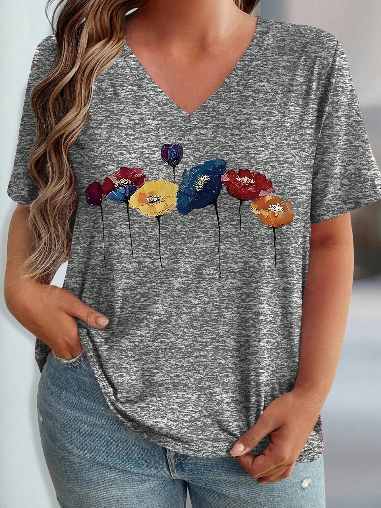 Plus Size Floral Design Pattern Printed T-shirts Summer Fashionable High Quality Short Sleeved Casual Sports V-Neck Pullover Top