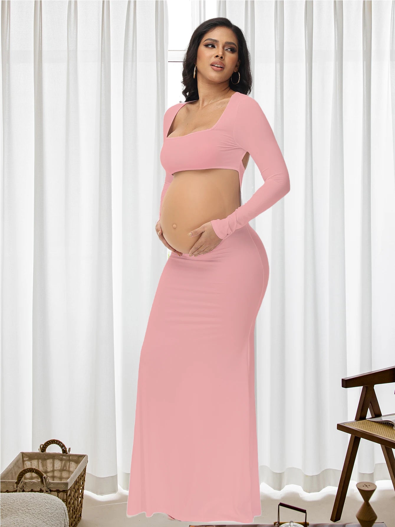 Maternity Sexy Bodycon Dresses Pregnant Photo Dress Square Neck Long Sleeve Wedding Party Pregnant Clothes