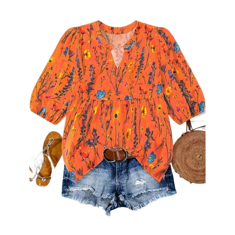 Plus Size 1XL-5XLAutumn Women's Fashion Floral V-Neck Bishop Sleeve Blouse Women Flower Print Elegant Casual Shirt