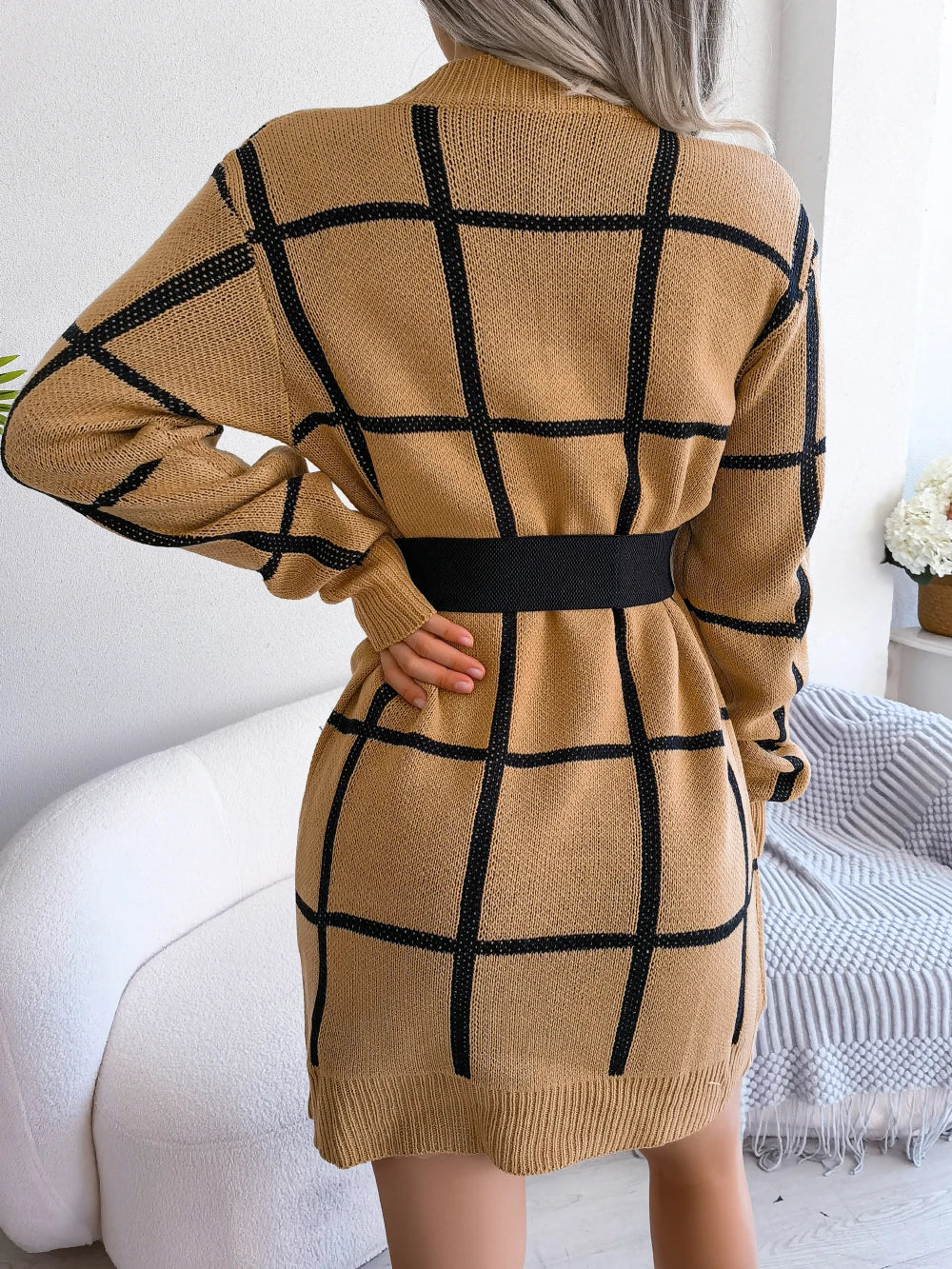Women Casual Plaid Long Sleeve Knitted Sweater Dress 2026 Autumn Winter Elegant Dress Without The Belt Fashion Woman Clothing